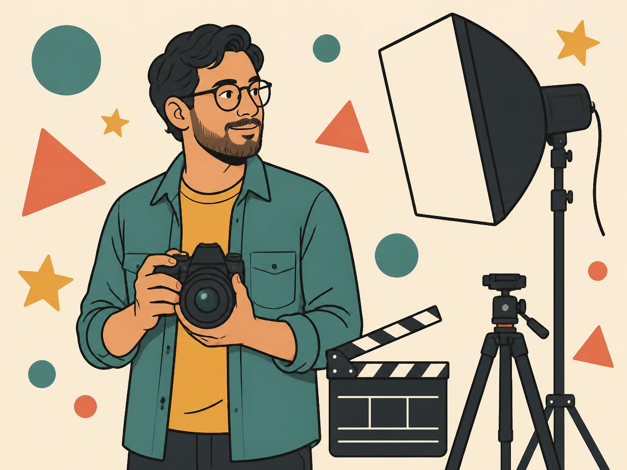 Illustration of a photographer holding a camera beside a softbox light, clapperboard, and tripod